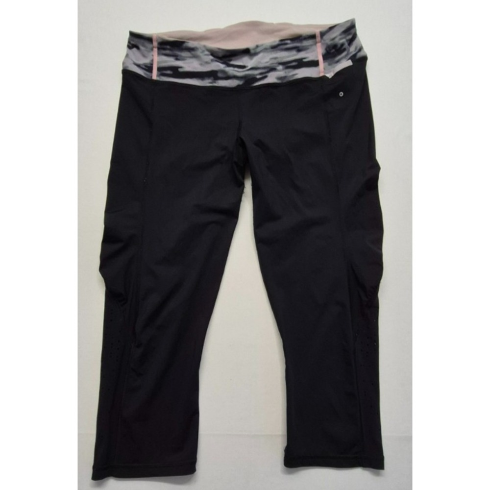Lululemon‎ women's black crop leggings pockets camo waist ban design legs sz 10